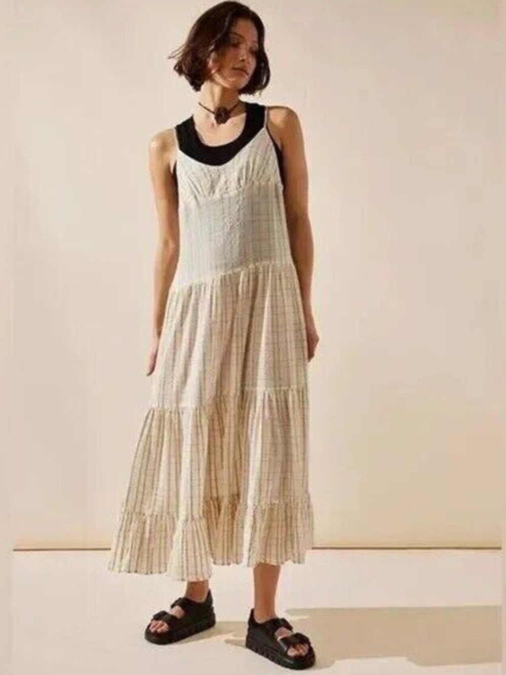 Free People Marigold Maxi Dress L Cream Gold Gauze Tiered Boho Cottagecore - Picture 2 of 16
